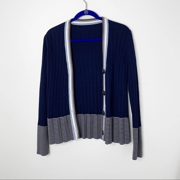 Navy blue brown and white striped and pleated academia style cardigan size small - Picture 1 of 5